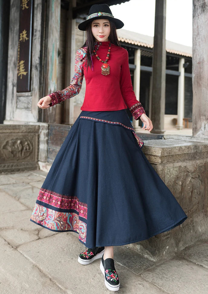 Women’s: Vintage Style Midi Mori Girl Cotton Linen Embroidery Patchwork Skirt with High Waist