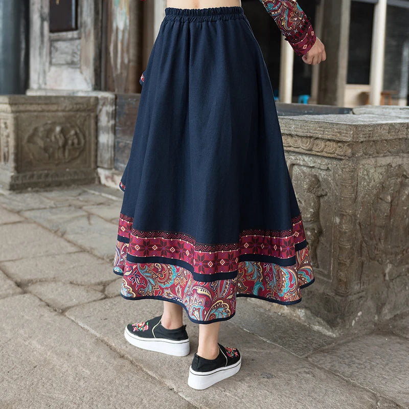 Women’s: Vintage Style Midi Mori Girl Cotton Linen Embroidery Patchwork Skirt with High Waist