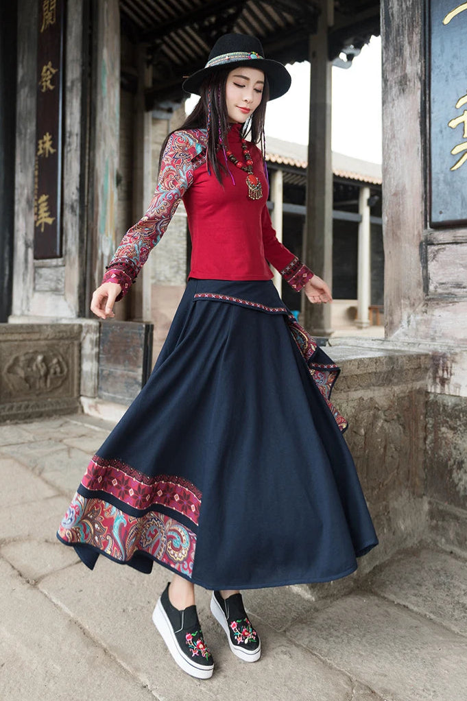 Women’s: Vintage Style Midi Mori Girl Cotton Linen Embroidery Patchwork Skirt with High Waist
