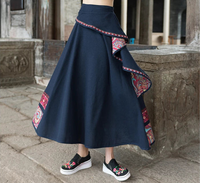 Women’s: Vintage Style Midi Mori Girl Cotton Linen Embroidery Patchwork Skirt with High Waist