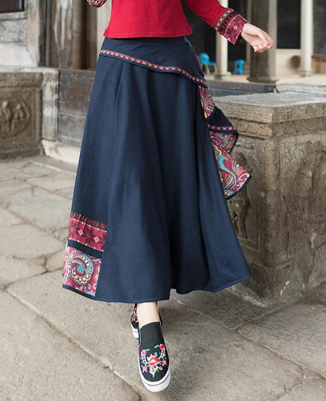 Women’s: Vintage Style Midi Mori Girl Cotton Linen Embroidery Patchwork Skirt with High Waist