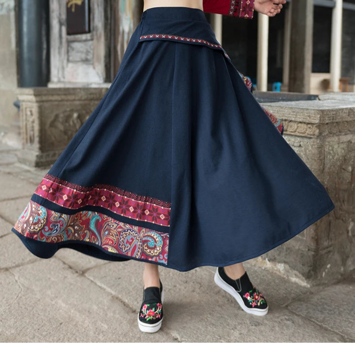Women’s: Vintage Style Midi Mori Girl Cotton Linen Embroidery Patchwork Skirt with High Waist