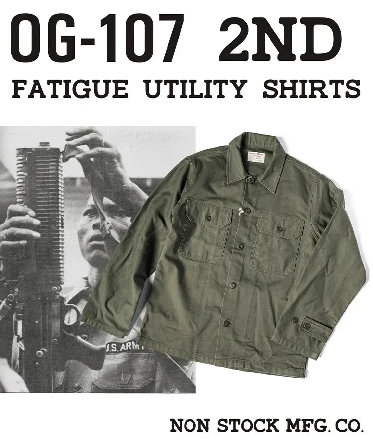 Men’s: Vintage 1963 2nd Pattern OG-107 Style U.S. Military Sateen Fatigue Long Sleeve Shirt Olive Green Shirt