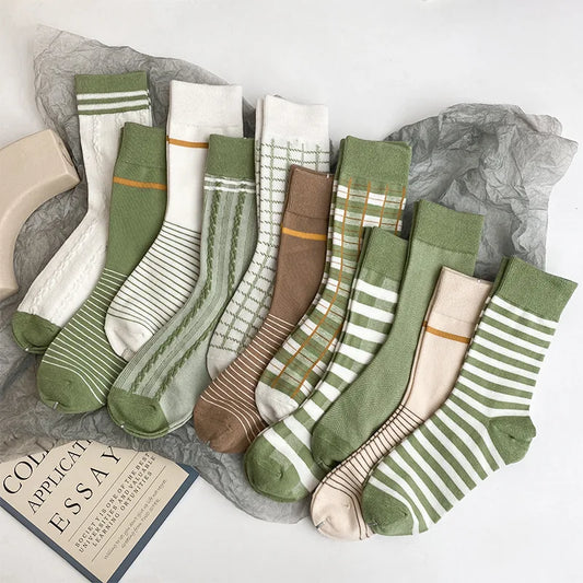 Women’s: Japanese Stripe Lattice Matcha & Avocado Green Cotton Socks, Breathable Casual Girls Short Socks
