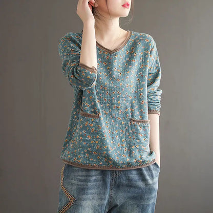 Women’s: Vintage Style Cotton Linen Stitch V neck Loose Long Sleeve T-Shirt for Autumn or Spring