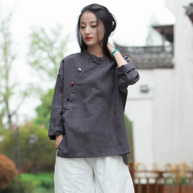 女裝：復古中國風棉麻長袖扣寬鬆襯衫襯衫