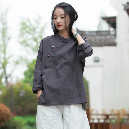 女裝：復古中國風棉麻長袖扣寬鬆襯衫襯衫