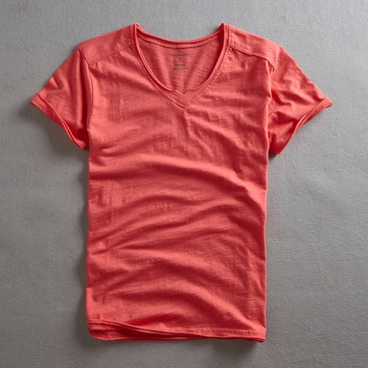 Men's: Cotton Vintage Style Slub V-Neck T-Shirt with Slim Casual Solid Color & Frayed Collar