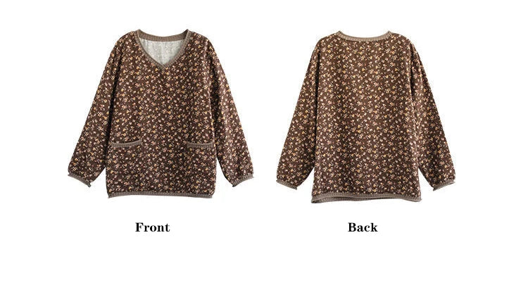 Women’s: Vintage Style Cotton Linen Stitch V neck Loose Long Sleeve T-Shirt for Autumn or Spring