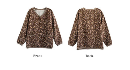 Women’s: Vintage Style Cotton Linen Stitch V neck Loose Long Sleeve T-Shirt for Autumn or Spring