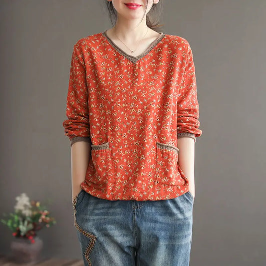 Women’s: Vintage Style Cotton Linen Stitch V neck Loose Long Sleeve T-Shirt for Autumn or Spring