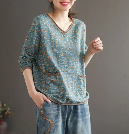 Women’s: Vintage Style Cotton Linen Stitch V neck Loose Long Sleeve T-Shirt for Autumn or Spring