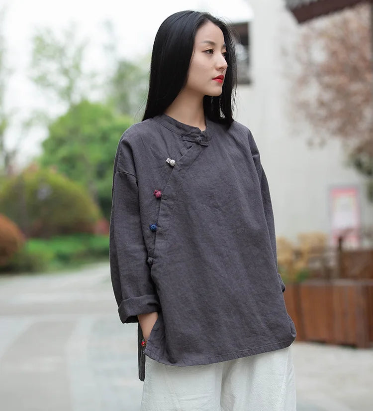 女裝：復古中國風棉麻長袖扣寬鬆襯衫襯衫