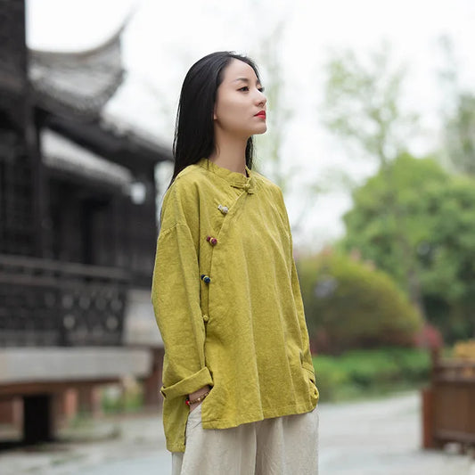 Women's: Vintage & Chinese Style Cotton Linen Long Sleeve Button Loose Blouses Shirt