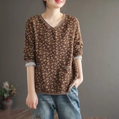Women’s: Vintage Style Cotton Linen Stitch V neck Loose Long Sleeve T-Shirt for Autumn or Spring