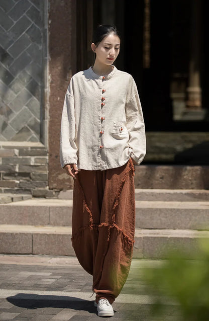 Women’s: Cotton Linen Vintage Chinese Style Ramie Patchwork Shirt, Colour Plate Button Lapel Cardigan Jacket