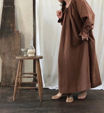 Women’s: 100% Cotton Cottagecore Boho Maxi Dress, Solid Long Sleeve with Drawstring