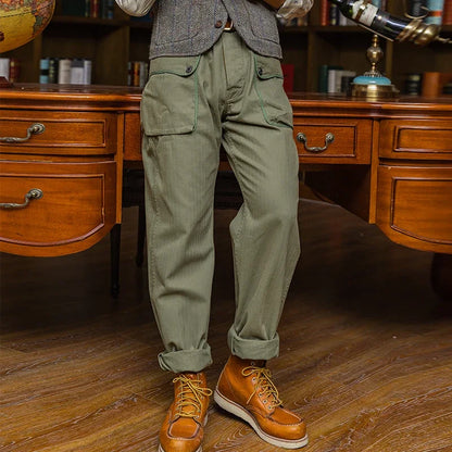 Men’s: Vintage Military Style P-44 Monkey Pants, HBT Cargo Trousers Army Green