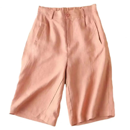 Women’s: Cotton Linen Suit Shorts with Elastic High Waistband & Straight Wide Leg A Line Work or Casual Short Pants