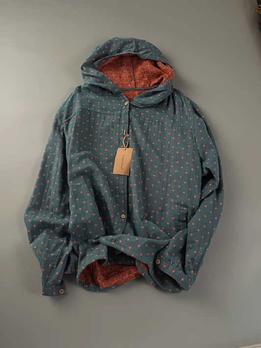 Women’s: 100% Cotton Yarn Loose Hooded Plaid Shirts for Autumn Spring Casual Hoodies