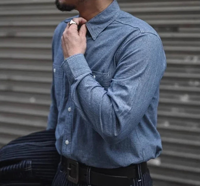 Men’s: Chambray Long Sleeve Shirt Summer/ Spring Two-Pocket Workshirt in Light Blue