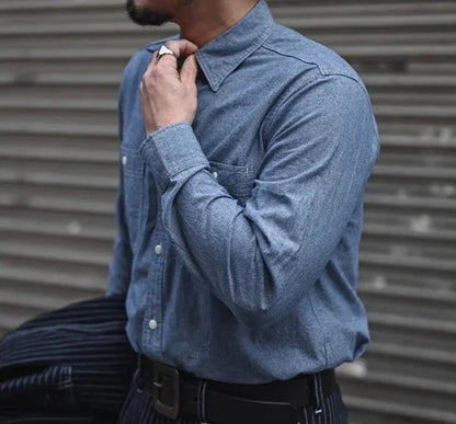 Men’s: Chambray Long Sleeve Shirt Summer/ Spring Two-Pocket Workshirt in Light Blue