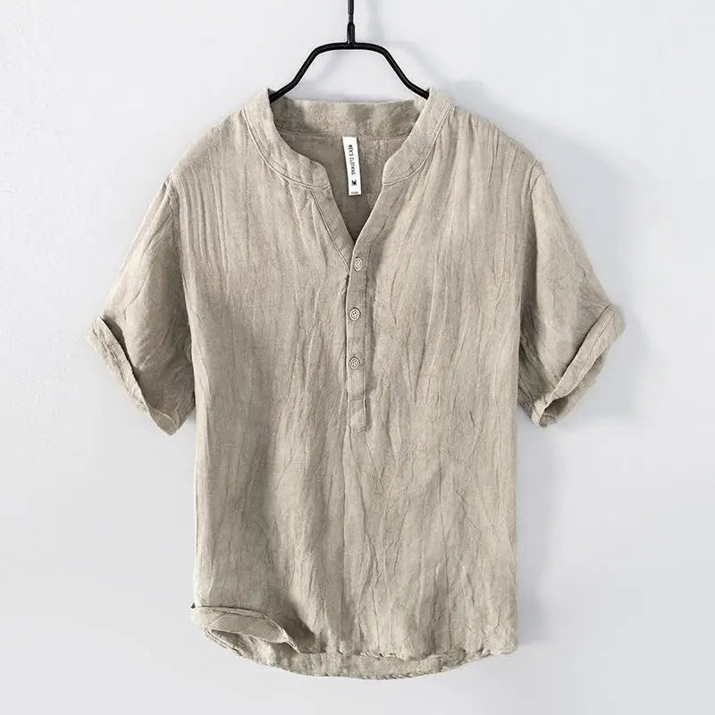 メンズ レトロ 100% リネン レジャー 無地 半袖 トップス、生リネン Vネック ややシワ加工 Tシャツ、オリジナルエコロジー
