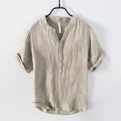 メンズ レトロ 100% リネン レジャー 無地 半袖 トップス、生リネン Vネック ややシワ加工 Tシャツ、オリジナルエコロジー