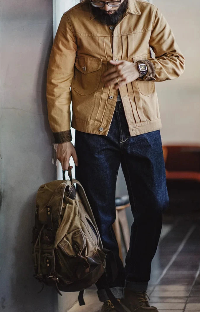 Men’s: Vintage Style Heavyweight Canvas Rancher Jacket with Collar Back Paris Button Denim Jacket Design for Fall Outerwear