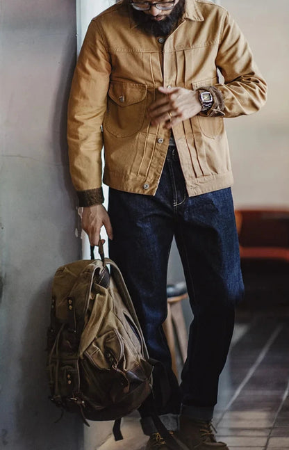 Men’s: Vintage Style Heavyweight Canvas Rancher Jacket with Collar Back Paris Button Denim Jacket Design for Fall Outerwear