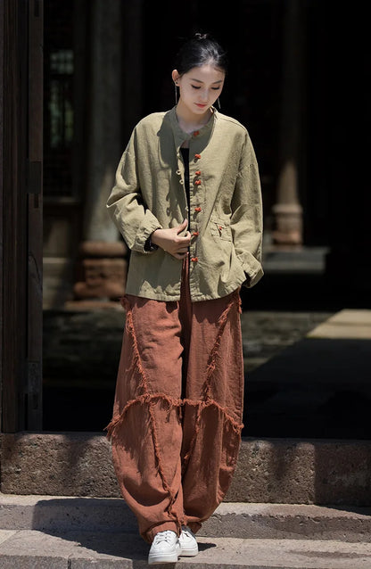 Women’s: Cotton Linen Vintage Chinese Style Ramie Patchwork Shirt, Colour Plate Button Lapel Cardigan Jacket