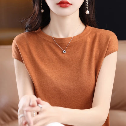 Women’s: 100% Merino Wool O-collar Pullover Short-sleeve Knitwear Fashion T-Shirt in Solid Colors