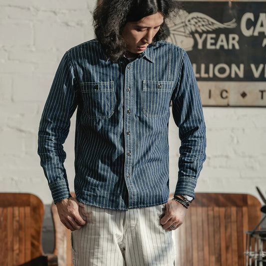 Men’s: Vintage Style Wabash Dot Striped Long Sleeve Button Down Shirt/Workshirt