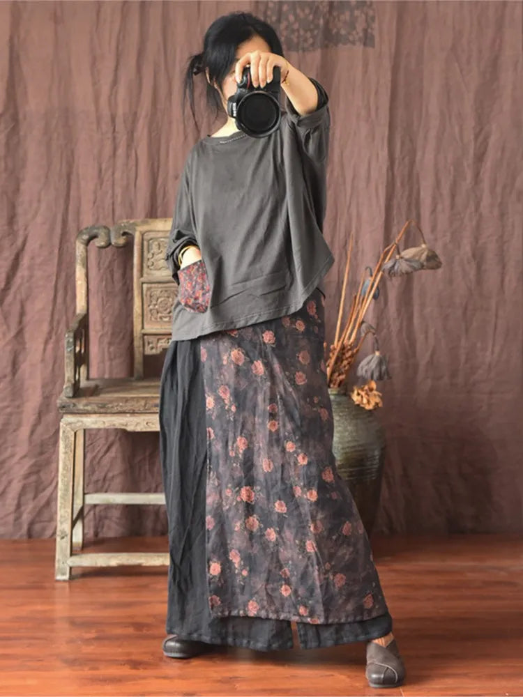 Women’s: Linen Patchwork Loose Fit Skirt for Spring, Autumn, & Summer
