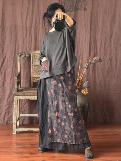 Women’s: Linen Patchwork Loose Fit Skirt for Spring, Autumn, & Summer