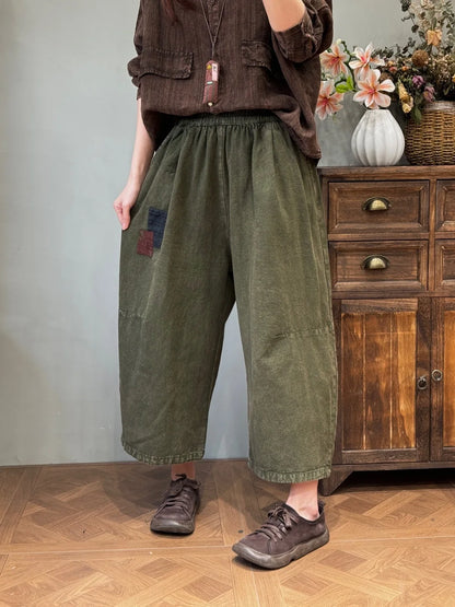 Women’s: Cotton and Linen Retro Distressed Patches Elasticated Waist Loose Pockets Straight Leg Pants