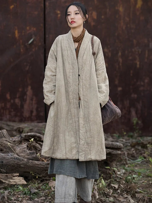 Women's: Cotton Linen Thick Warm Vintage Asian Style Quilted Coats - Loose Casual Padded Trench Coats