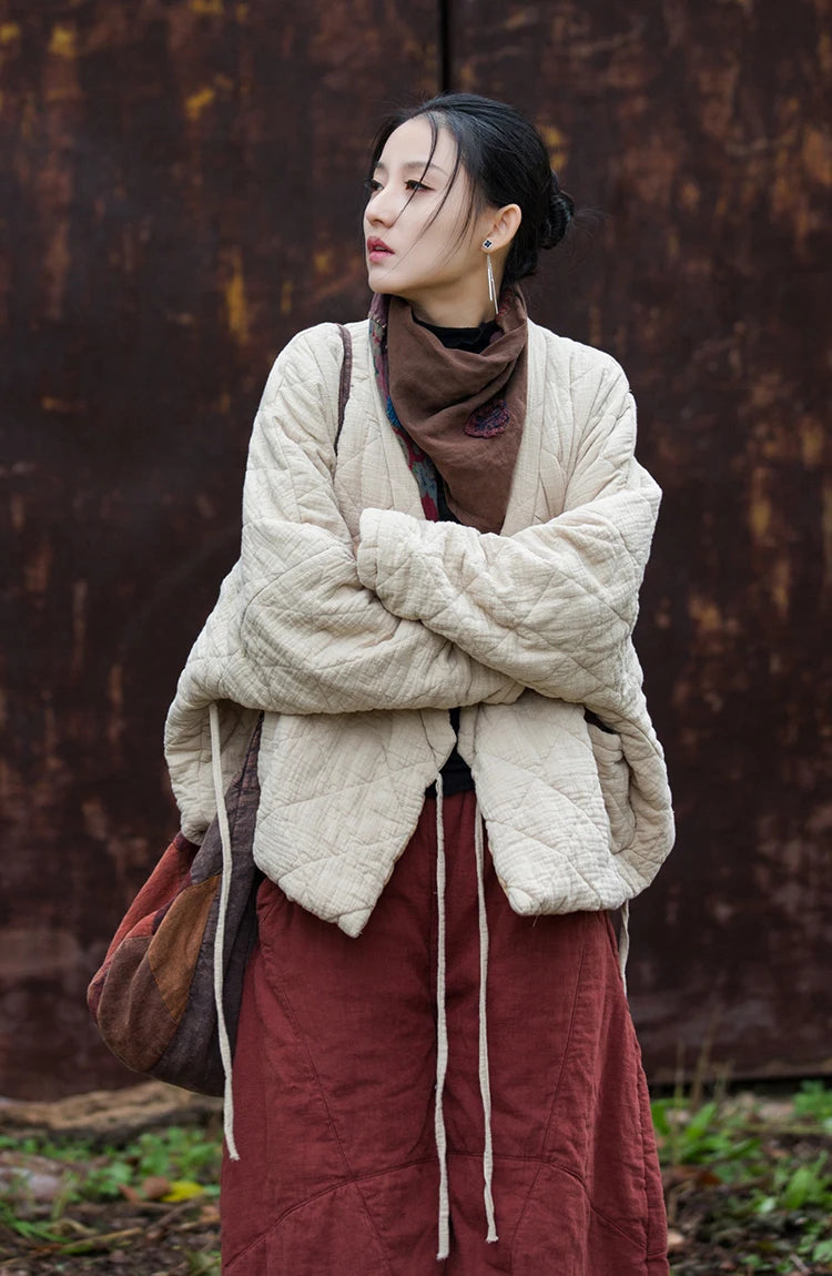 Donna: cappotti trapuntati casual vintage in cotone e lino, in stile asiatico - colori solidi, larghi e imbottiti