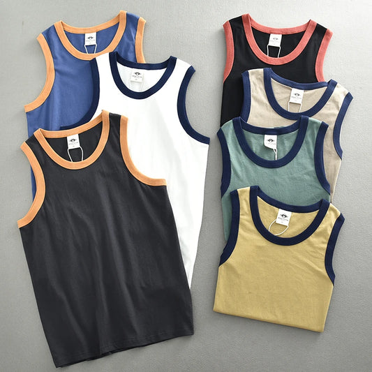 Men’s: American Retro Style Sleeveless O-neck Solid Color Tank-Top T-shirt, 100% Cotton Washed Casual Sports Shirt
