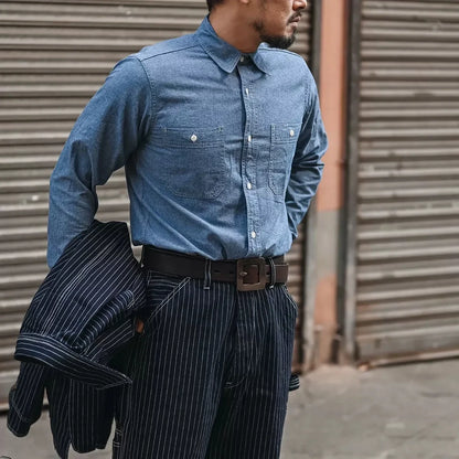 Men’s: Chambray Long Sleeve Shirt Summer/ Spring Two-Pocket Workshirt in Light Blue