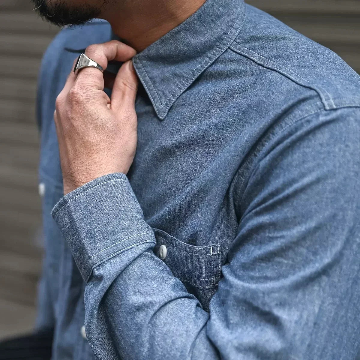 Men’s: Chambray Long Sleeve Shirt Summer/ Spring Two-Pocket Workshirt in Light Blue