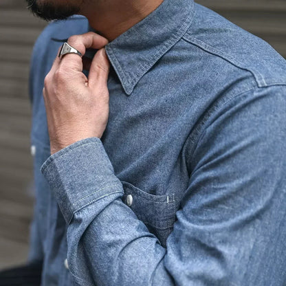 Men’s: Chambray Long Sleeve Shirt Summer/ Spring Two-Pocket Workshirt in Light Blue