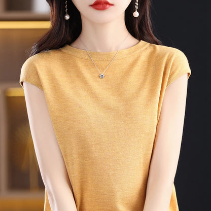 Women’s: 100% Merino Wool O-collar Pullover Short-sleeve Knitwear Fashion T-Shirt in Solid Colors