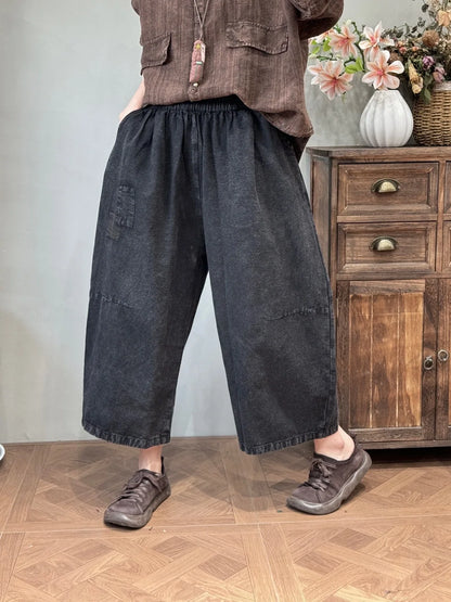 Women’s: Cotton and Linen Retro Distressed Patches Elasticated Waist Loose Pockets Straight Leg Pants