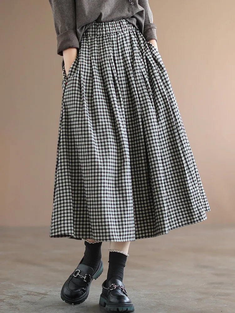 Women's: Cotton & Linen Vintage Style Casual Skirts Plaid Print with High Waist and A-line Long Skirt