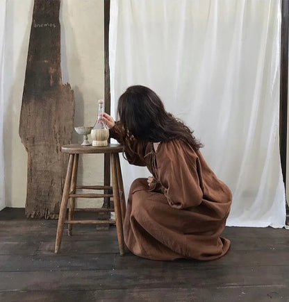 Women’s: 100% Cotton Cottagecore Boho Maxi Dress, Solid Long Sleeve with Drawstring