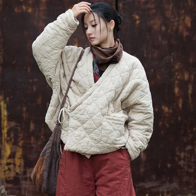 Donna: cappotti trapuntati casual vintage in cotone e lino, in stile asiatico - colori solidi, larghi e imbottiti