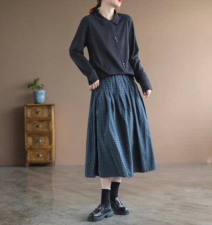 Women's: Cotton & Linen Vintage Style Casual Skirts Plaid Print with High Waist and A-line Long Skirt