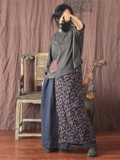 Women’s: Linen Patchwork Loose Fit Skirt for Spring, Autumn, & Summer