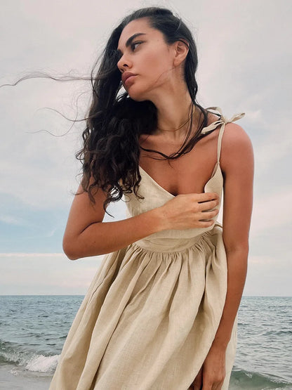 Women's: 100% Cotton Vintage Style Loose A-line Sling Dress V-neck - Spring & Summer